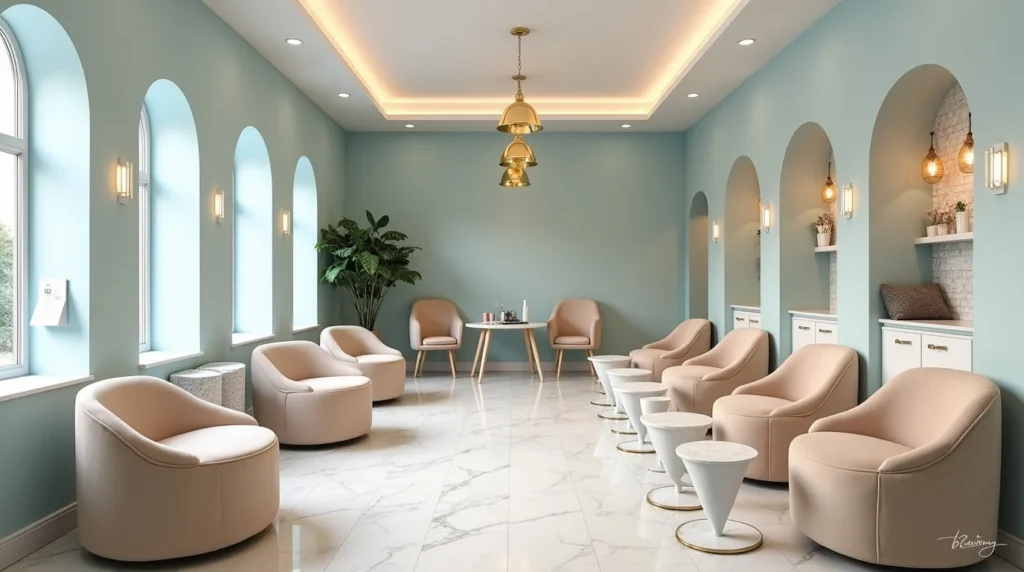Texas Nail Spa – Relaxing Luxury Experience for Manicure & Pedicure Spacious Texas nail spa with beige lounge chairs and modern minimalist interior