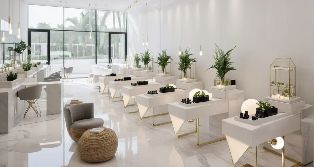 Luxurious white interior nail salon in Florida with natural light and modern decor