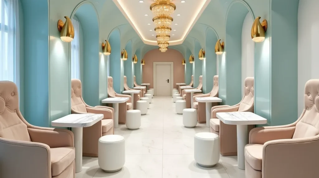 Top Nail Salons in Texas – Luxury Interiors & Expert Nail Artists Premium Texas nail salon interior with gold chandeliers and white seating for manicure treatments