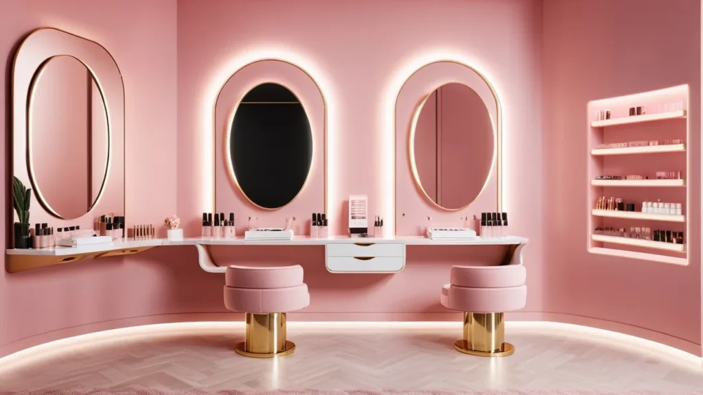 Affordable Nail Salon Illinois – Chic Beauty at a Great Price Affordable nail salon in Illinois with pink vanity mirrors and gold details