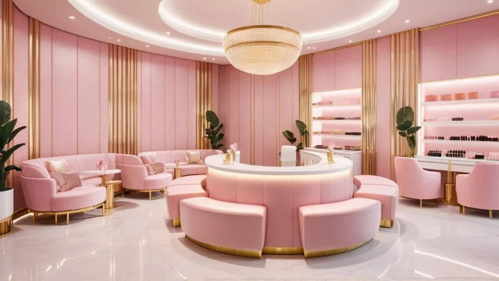 Affordable pink nail salon in Ohio with circular seating and luxury look