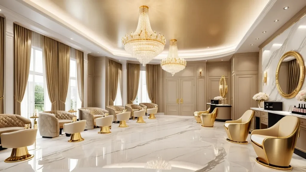 Elegant beige and gold nail salon in Athens offering premium nail extension services