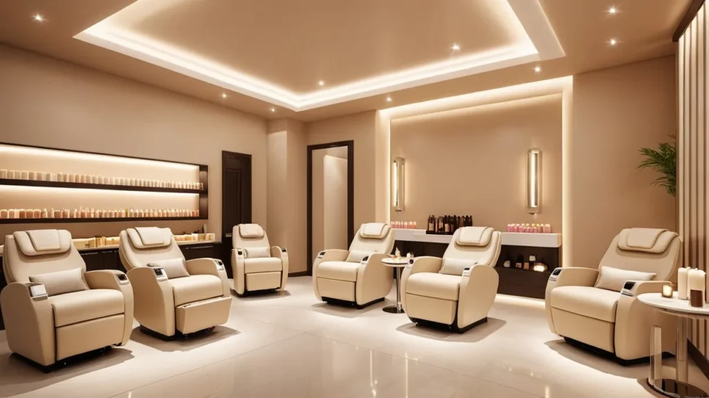 Best Nail Salon Near You in Illinois – Elegant & Comfortable Spa Elegant beige-toned nail salon in Illinois with soft lighting and cozy chairs