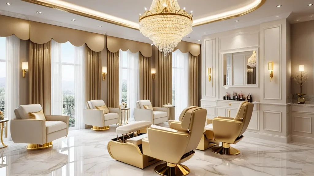 Elegant Ohio nail salon with golden accents and marble-inspired flooring