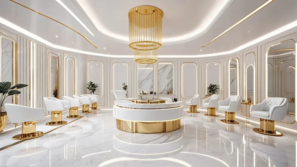 Luxurious white and gold nail salon interior in Pennsylvania with marble decor