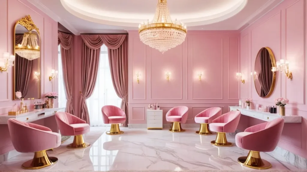 Best Nail Spa Illinois – Luxury Pink Salon Interior Luxury pink nail spa in Illinois with chandelier and gold accents