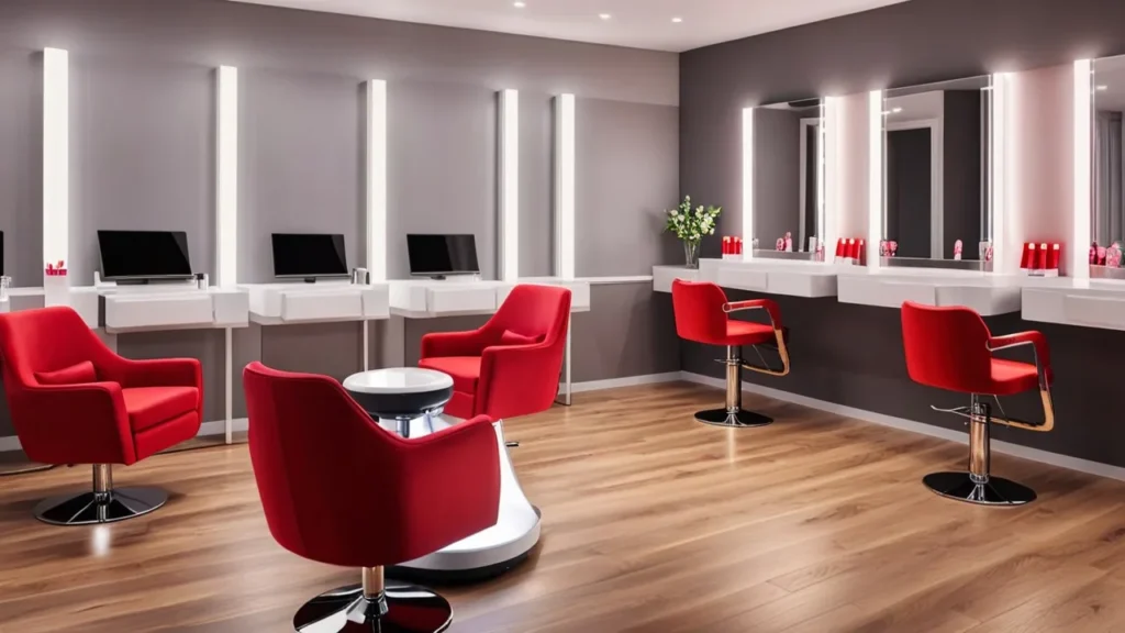 Contemporary Ohio nail spa with red chairs and minimalist gray walls