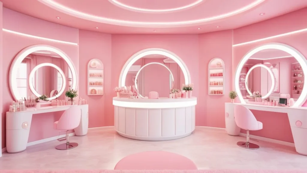 Chicago Nail Bars – Trendy Pink Nail Lounge Design Chic pink-themed nail bar in Chicago with round mirrors and elegant decor