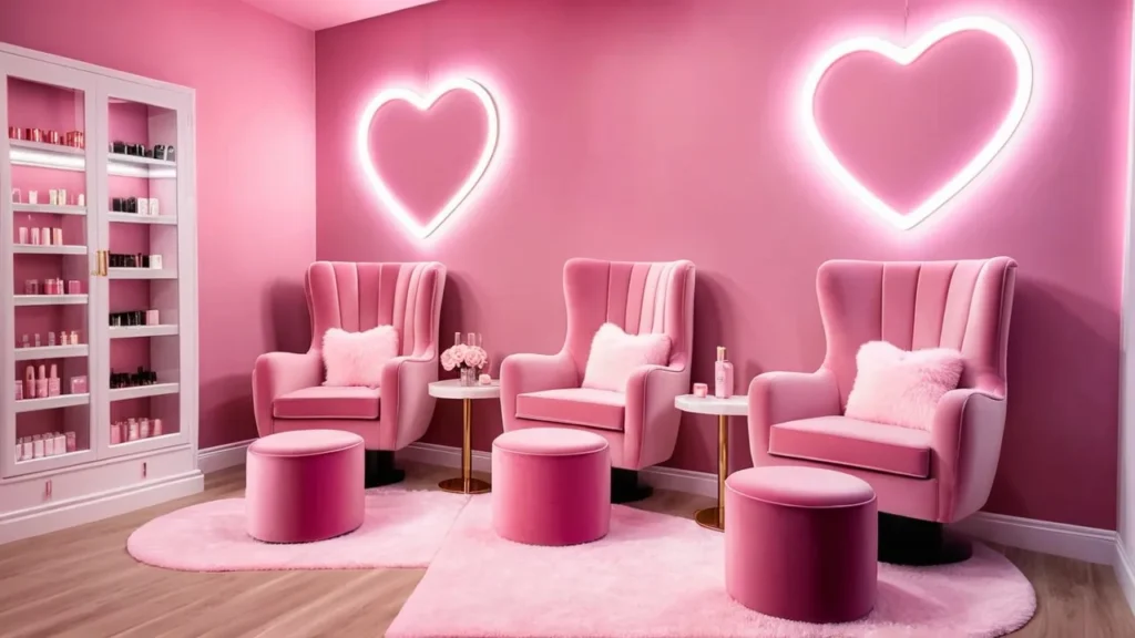 Luxury Nail Bar Illinois – Romantic Pink Interior with Heart Lights Luxury nail bar in Illinois with neon heart wall lights and soft pink chairs