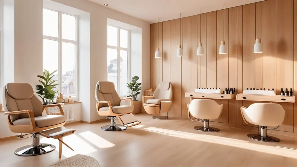 Luxury nail bar in Ohio featuring bright natural light and minimalist wooden design