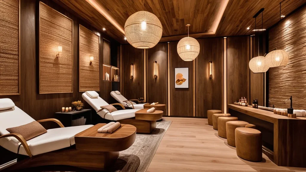 Luxury nail salon in Pennsylvania with wooden décor and soft lighting
Caption: