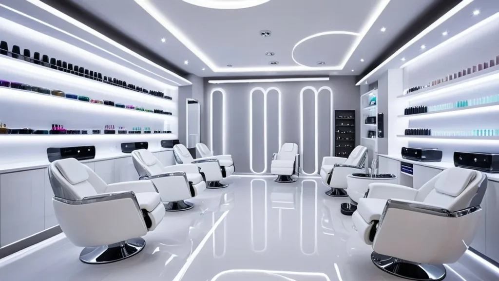 Near Me Nail Salons Illinois – Futuristic White Nail Studio Futuristic nail salon interior in Illinois with sleek white chairs and LED lighting
