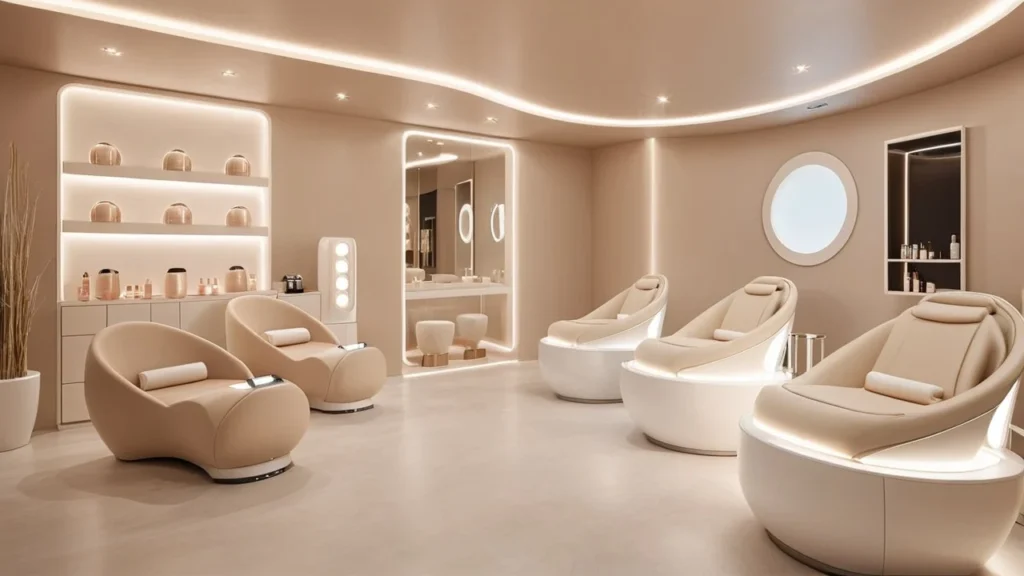 Modern beige nail salon interior in Ohio offering manicure and pedicure services