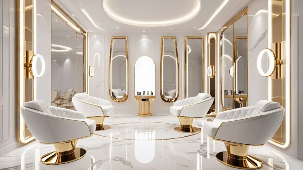 Luxurious Pennsylvania nail salon with gold accents and white seating area