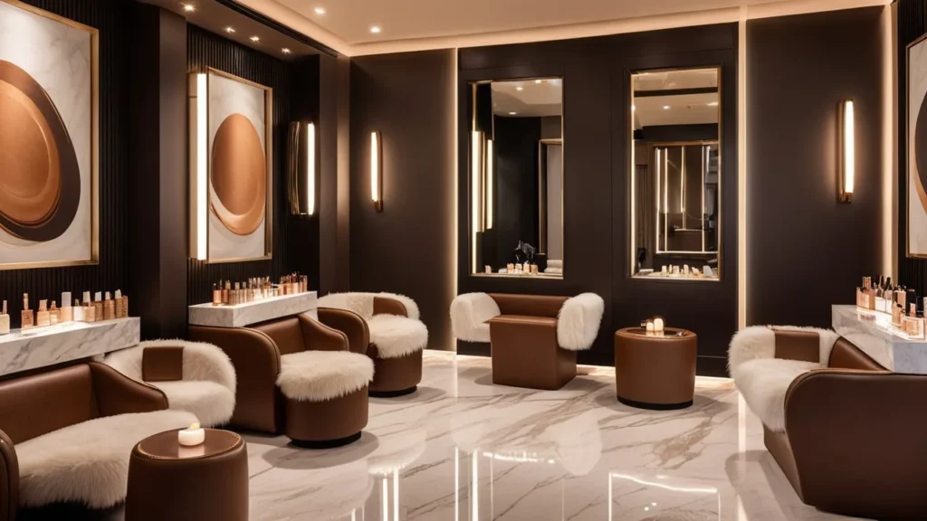 Organic nail salon in Ohio with brown wood interior and natural lighting