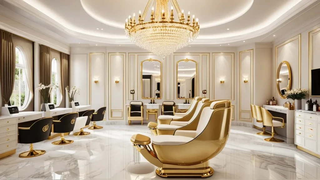 Top-rated Atlanta nail salon with white and gold chairs and modern lighting
