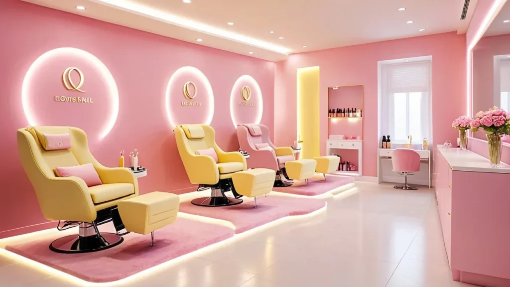 Stylish pink nail salon in Columbus with LED mirrors and elegant manicure chairs