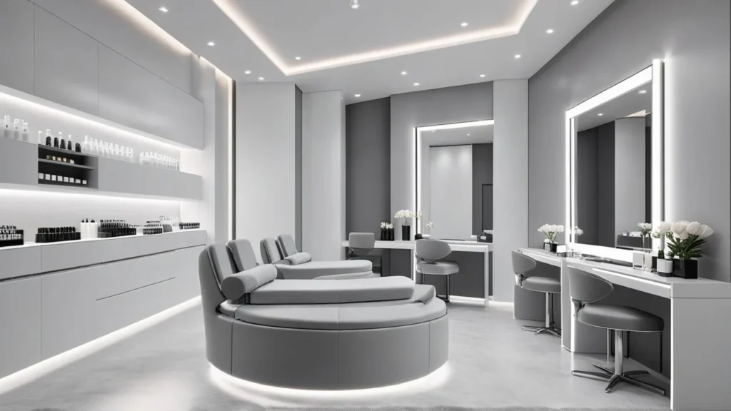 Contemporary nail salon in Philadelphia with sleek monochrome design and manicure stations